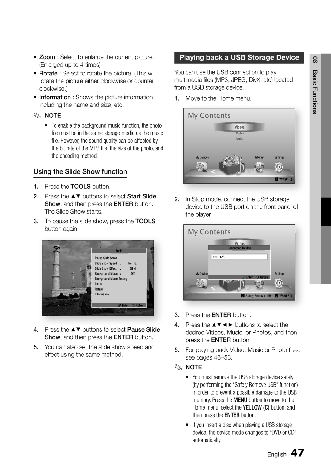 Samsung BD-D5500/XE Using the Slide Show function, Playing back a USB Storage Device, Stop mode, connect the USB storage 