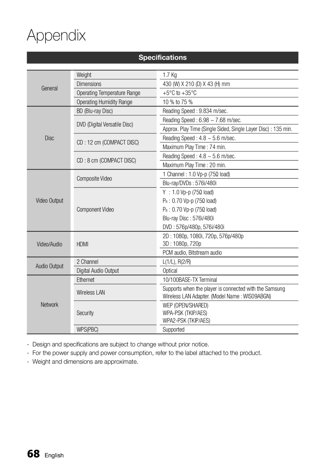 Samsung BD-D5500/XE, BD-D5500/EN, BD-D5500/ZF manual Specifications 