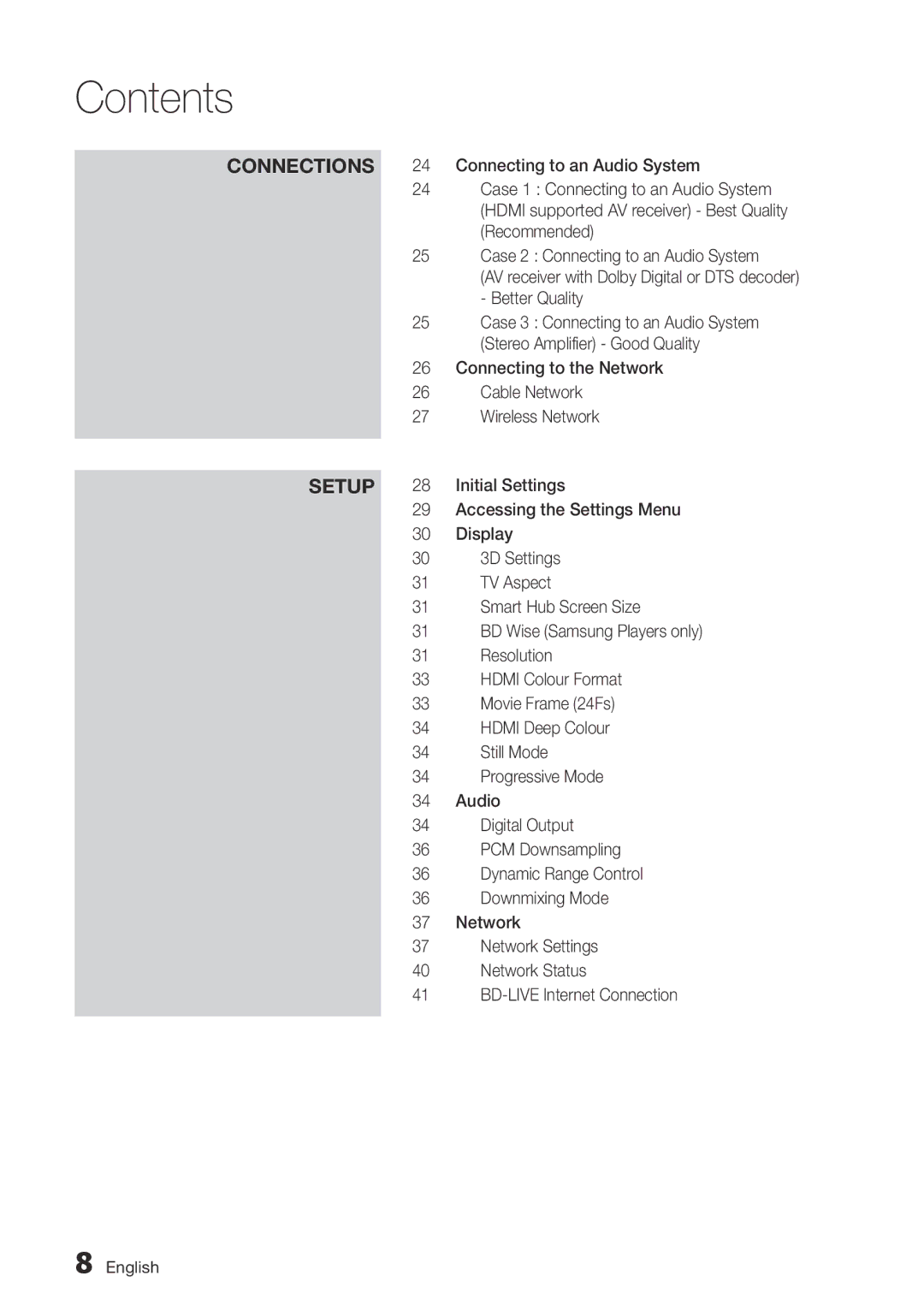 Samsung BD-D5500/XE Accessing the Settings Menu, Display, 3D Settings, TV Aspect, Smart Hub Screen Size, Resolution, Audio 