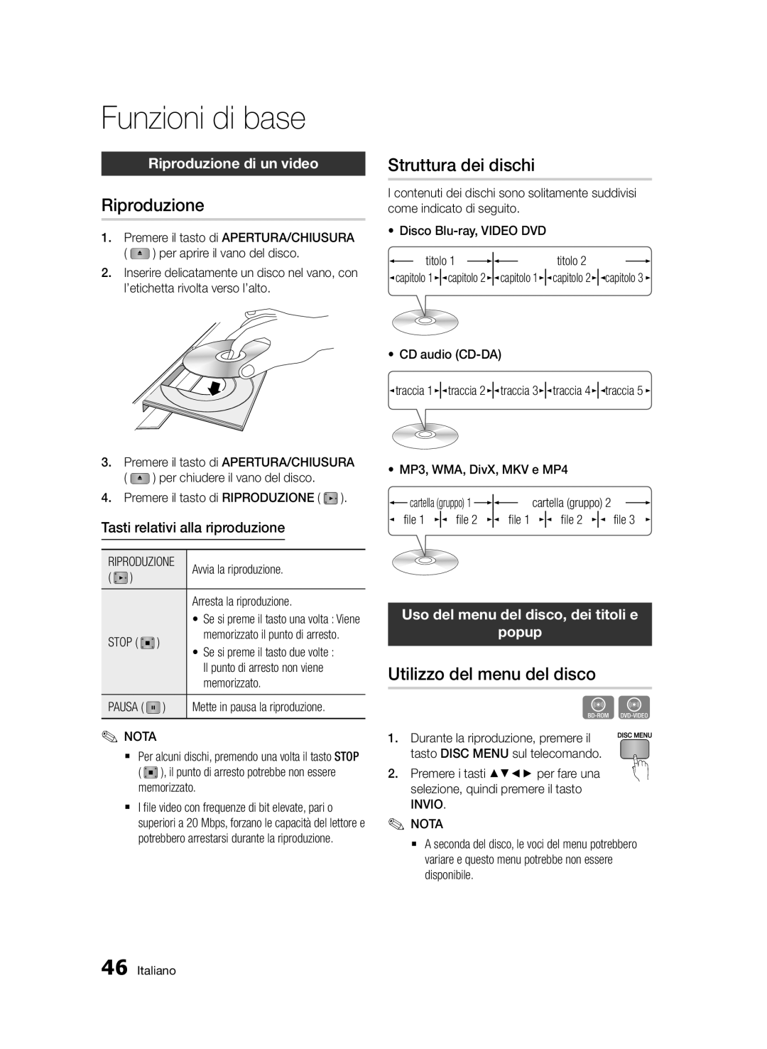 Samsung BD-D5500/ZN, BD-D5500/EN manual Funzioni di base, Riproduzione, Struttura dei dischi, Utilizzo del menu del disco 