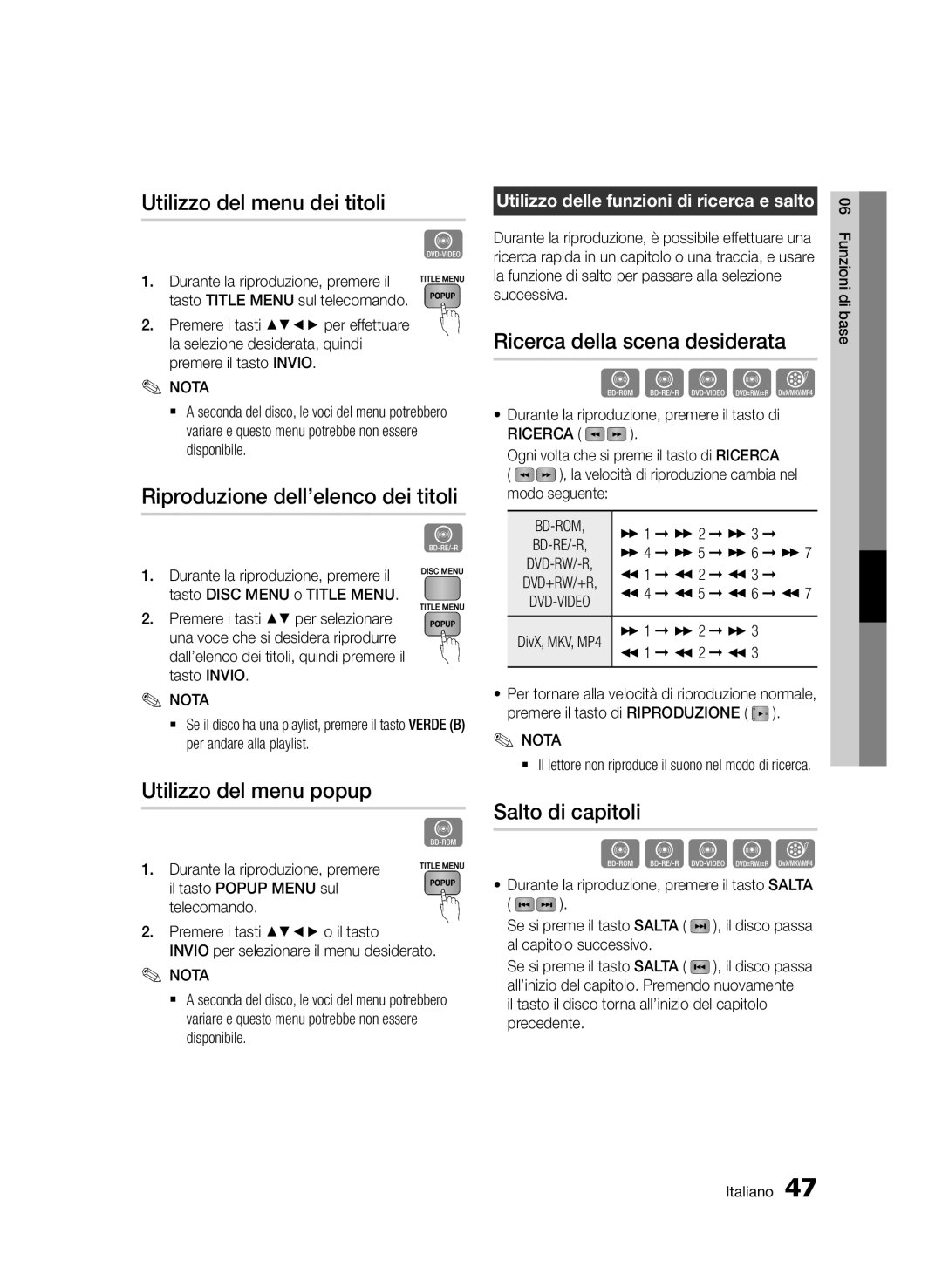 Samsung BD-D5500/EN manual Utilizzo del menu dei titoli, Riproduzione dell’elenco dei titoli, Utilizzo del menu popup 