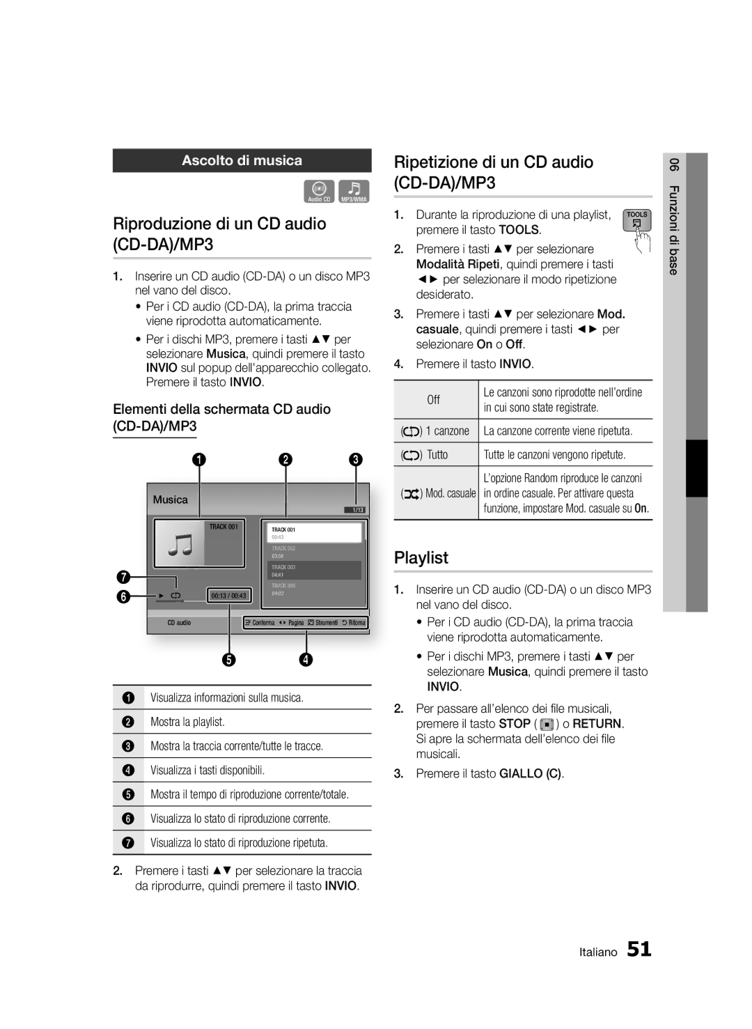 Samsung BD-D5500/ZF, BD-D5500/EN Riproduzione di un CD audio CD-DA/MP3, Ripetizione di un CD audio CD-DA/MP3, Playlist 