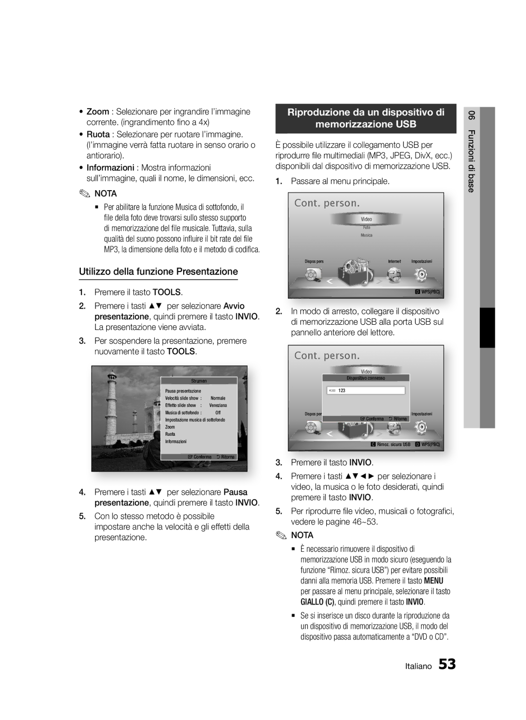 Samsung BD-D5500/EN manual Utilizzo della funzione Presentazione, Riproduzione da un dispositivo di Memorizzazione USB 