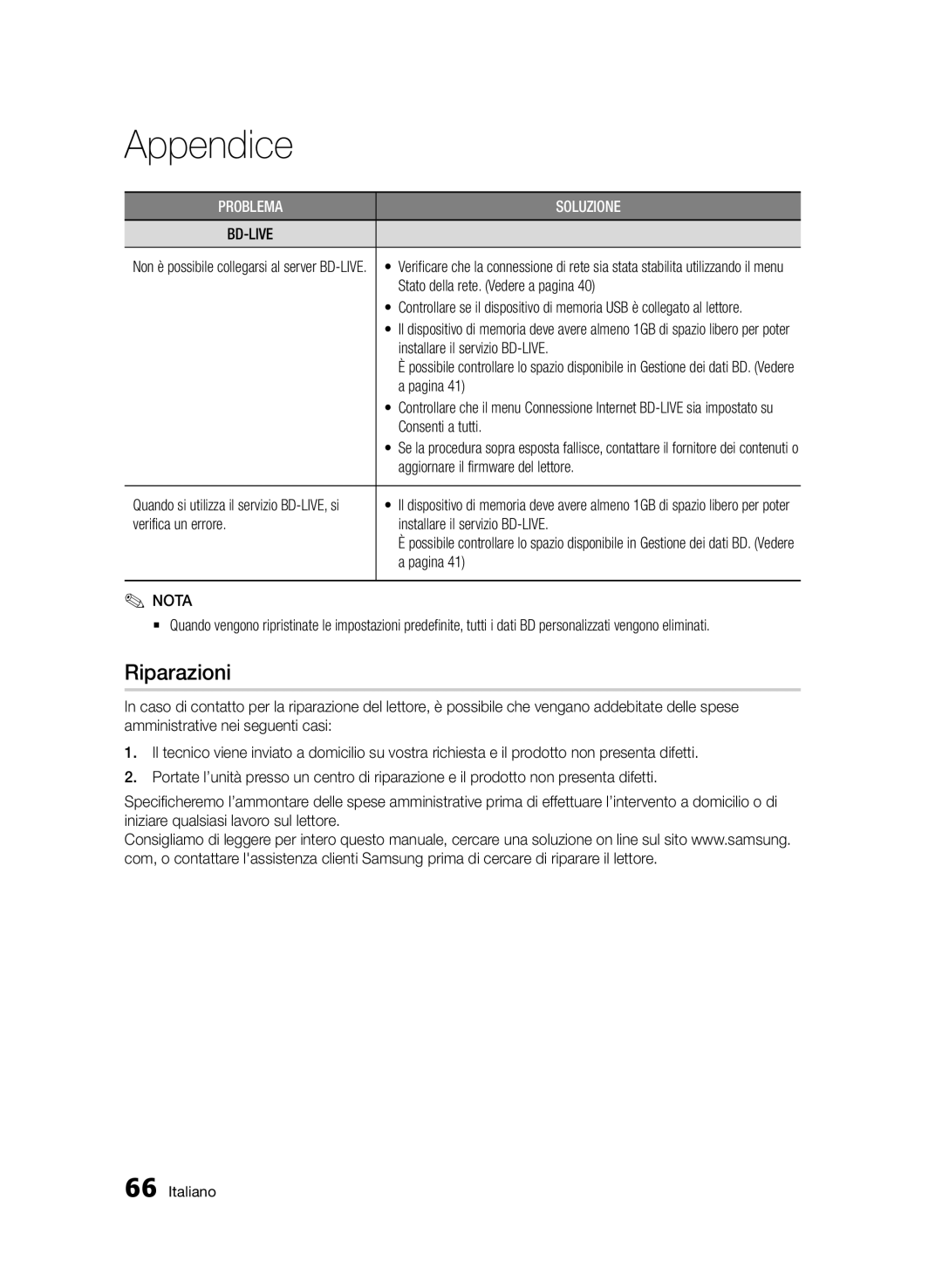 Samsung BD-D5500/ZF, BD-D5500/EN, BD-D5500/ZN manual Riparazioni 