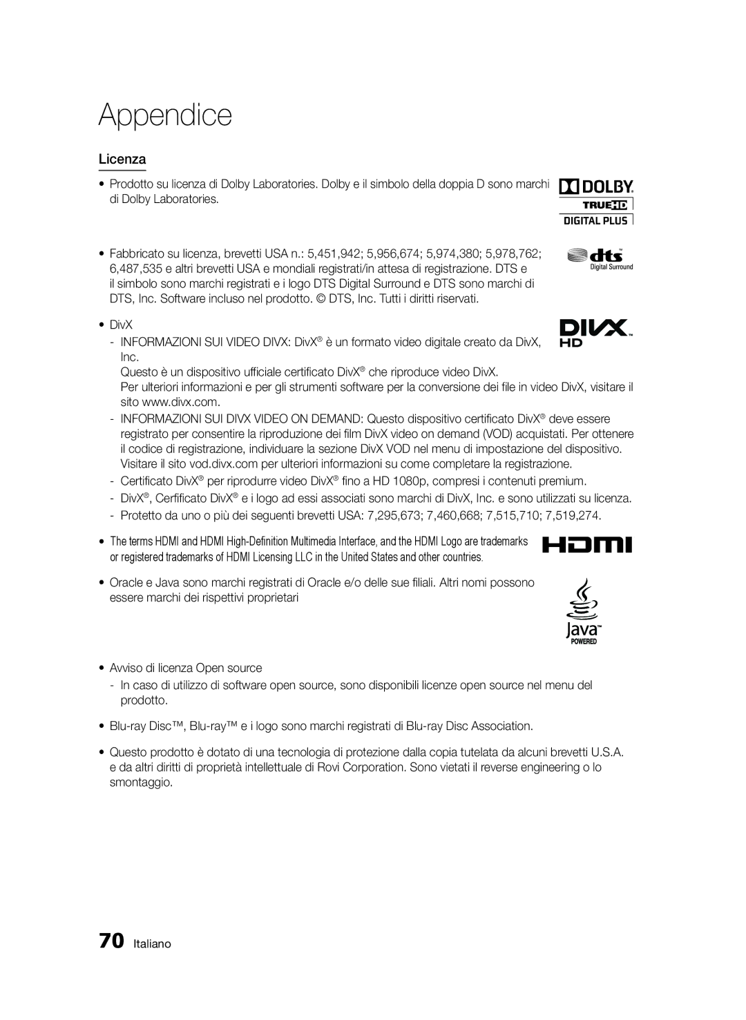 Samsung BD-D5500/ZN, BD-D5500/EN, BD-D5500/ZF manual Licenza 