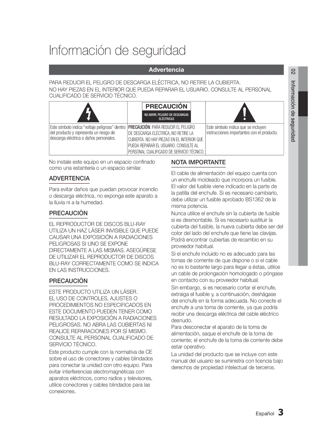 Samsung BD-D5500/ZN, BD-D5500/EN, BD-D5500/ZF manual Información de seguridad, Advertencia 