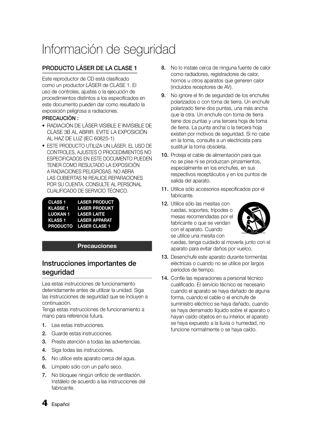 Samsung BD-D5500/EN, BD-D5500/ZF, BD-D5500/ZN manual Instrucciones importantes de seguridad, Precauciones 