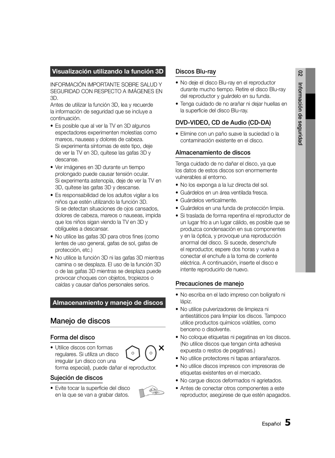 Samsung BD-D5500/ZF manual Manejo de discos, Visualización utilizando la función 3D, Almacenamiento y manejo de discos 