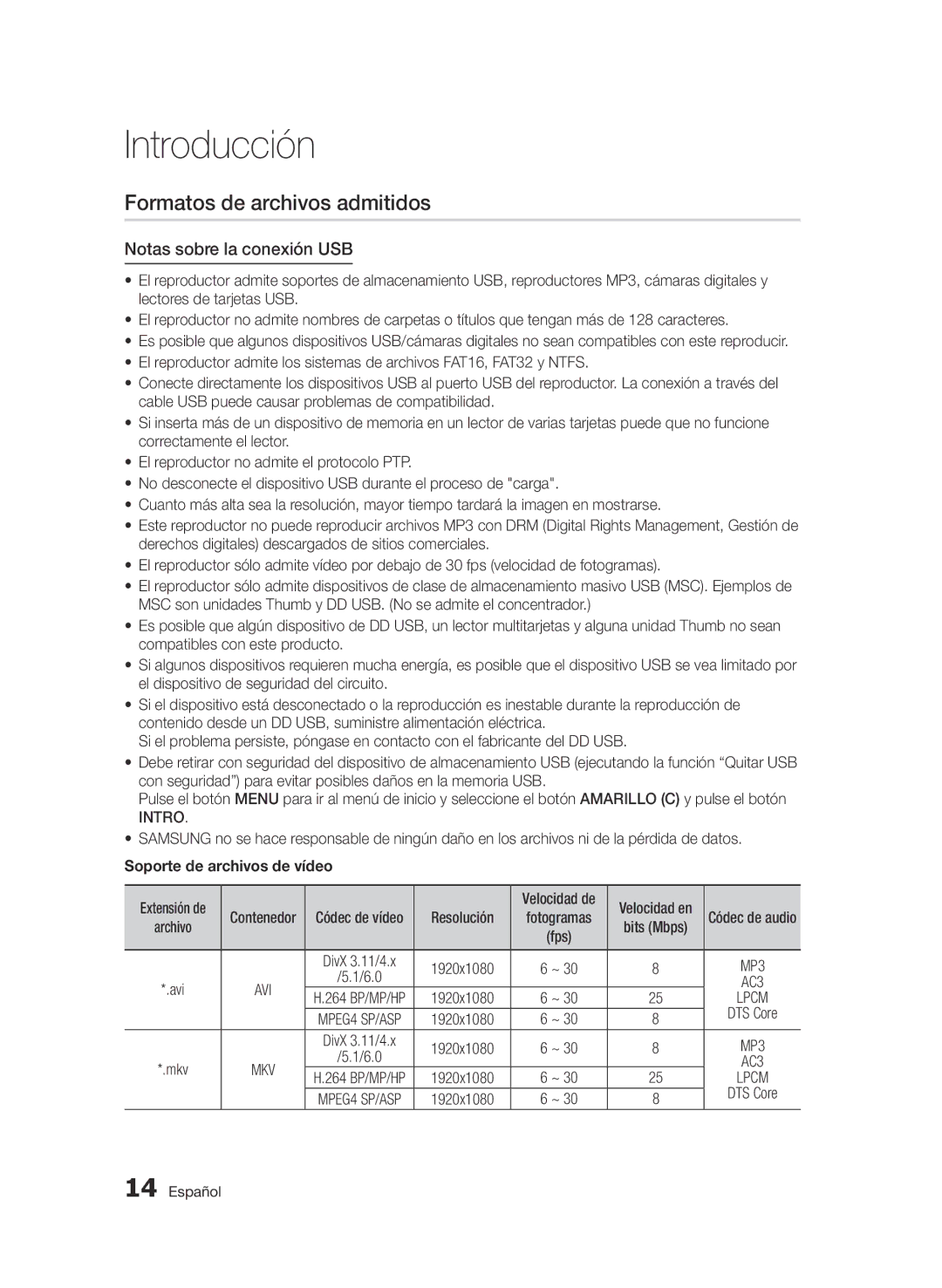 Samsung BD-D5500/ZF manual Formatos de archivos admitidos, Notas sobre la conexión USB, Intro, Soporte de archivos de vídeo 