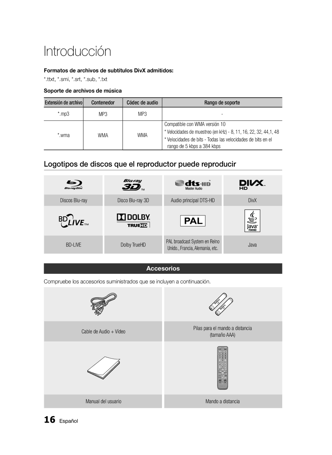 Samsung BD-D5500/EN Logotipos de discos que el reproductor puede reproducir, Accesorios, Soporte de archivos de música 