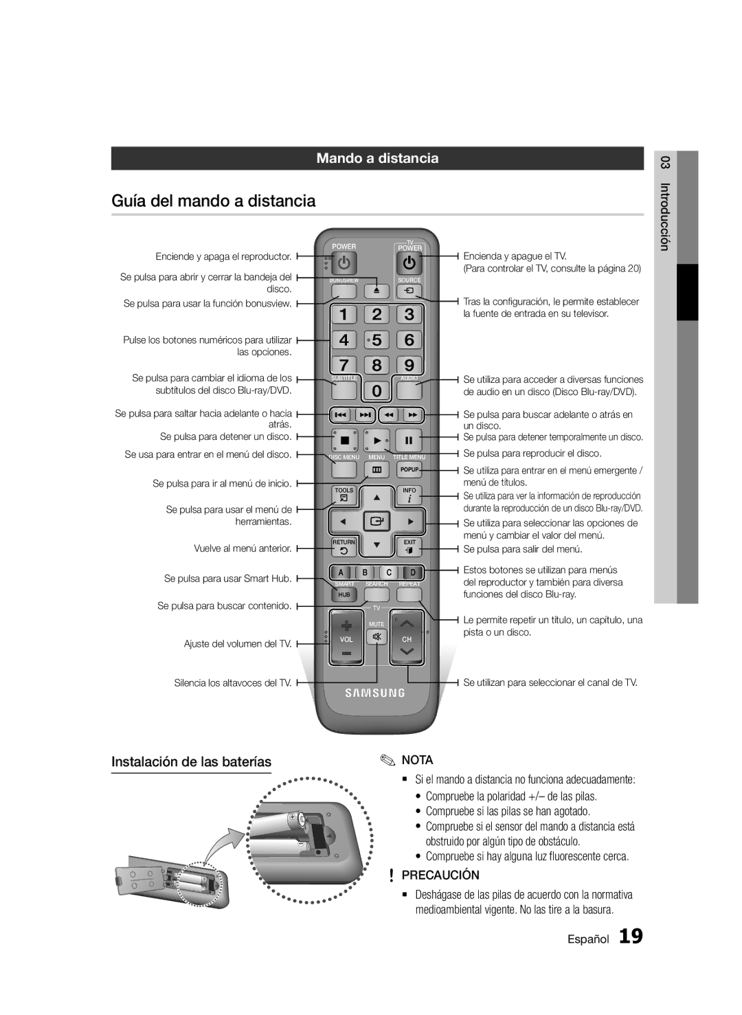 Samsung BD-D5500/EN, BD-D5500/ZF Guía del mando a distancia, Mando a distancia, Instalación de las baterías, Precaución 