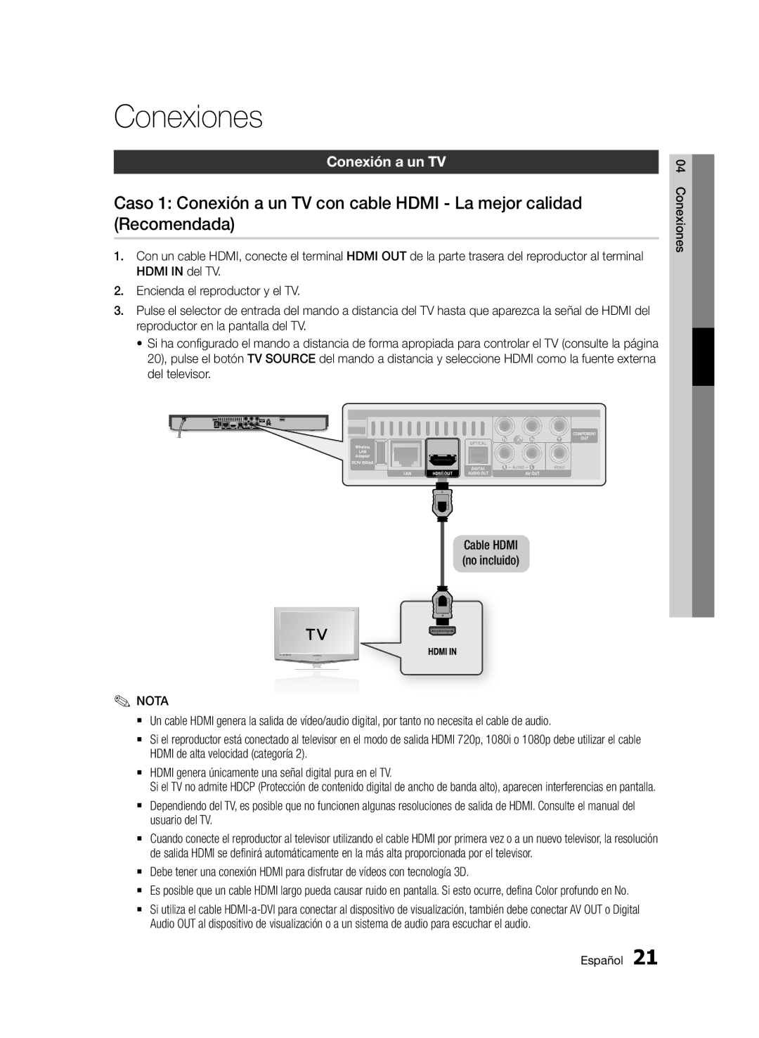 Samsung BD-D5500/ZN, BD-D5500/EN, BD-D5500/ZF manual Conexiones, Conexión a un TV, Usuario del TV, Cable Hdmi no incluido 