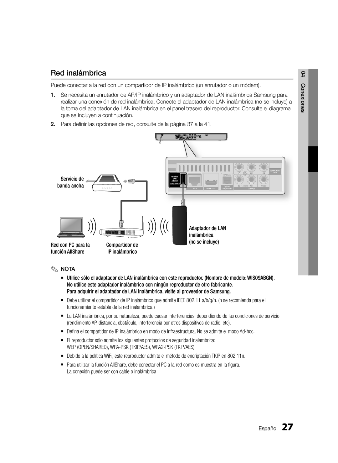 Samsung BD-D5500/ZN, BD-D5500/EN, BD-D5500/ZF manual Red inalámbrica 