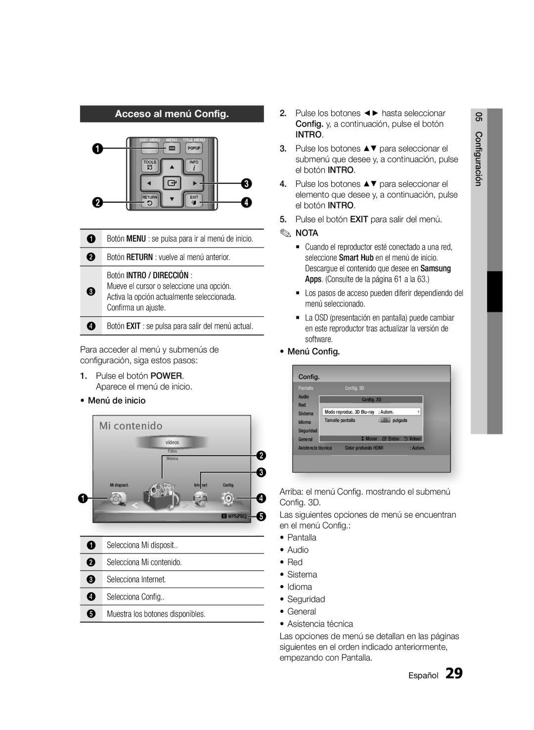 Samsung BD-D5500/ZF, BD-D5500/EN, BD-D5500/ZN Acceso al menú Config, Mueve el cursor o seleccione una opción, Menú Config 