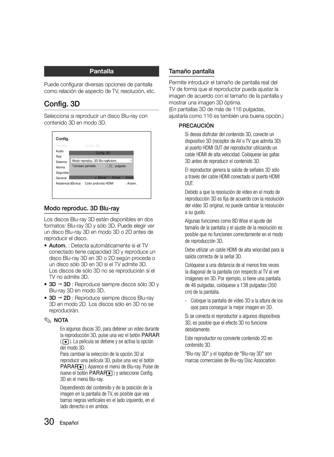 Samsung BD-D5500/ZN, BD-D5500/EN, BD-D5500/ZF manual Config D, Pantalla, Modo reproduc D Blu-ray, Tamaño pantalla, Parar 