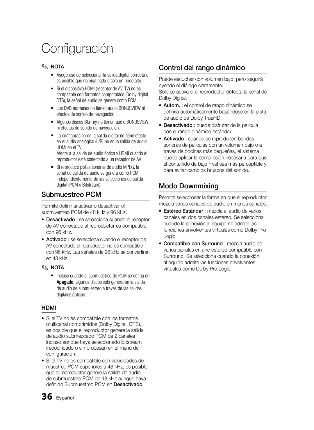 Samsung BD-D5500/ZN, BD-D5500/EN, BD-D5500/ZF manual Submuestreo PCM, Control del rango dinámico, Modo Downmixing 