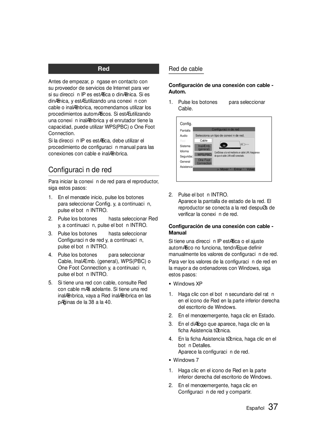 Samsung BD-D5500/EN, BD-D5500/ZF Configuración de red, Red de cable, Configuración de una conexión con cable Autom 