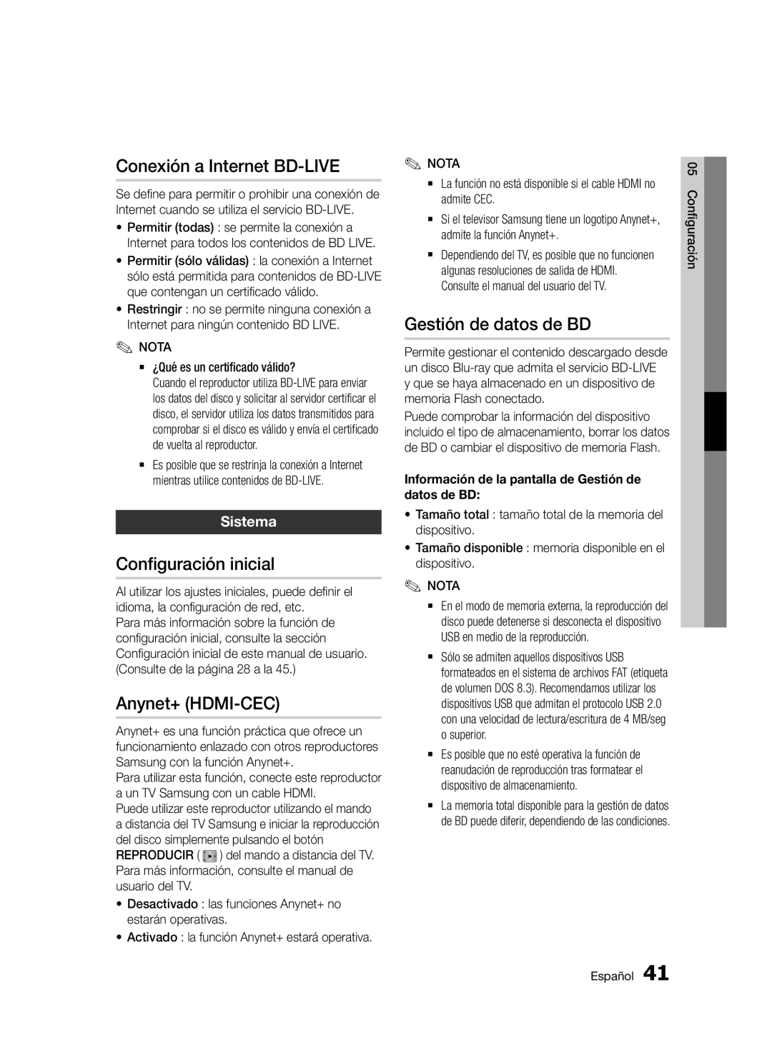 Samsung BD-D5500/ZF, BD-D5500/EN, BD-D5500/ZN Conexión a Internet BD-LIVE, Configuración inicial, Gestión de datos de BD 