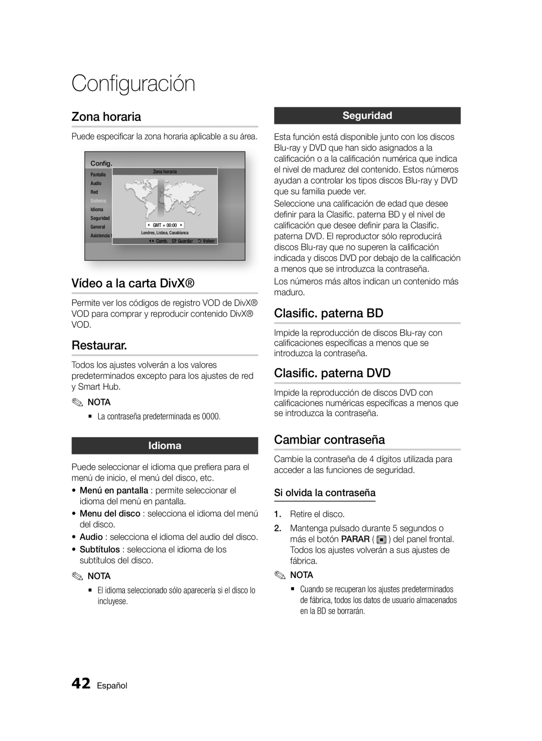 Samsung BD-D5500/ZN manual Zona horaria, Vídeo a la carta DivX, Restaurar, Clasific. paterna BD, Clasific. paterna DVD 