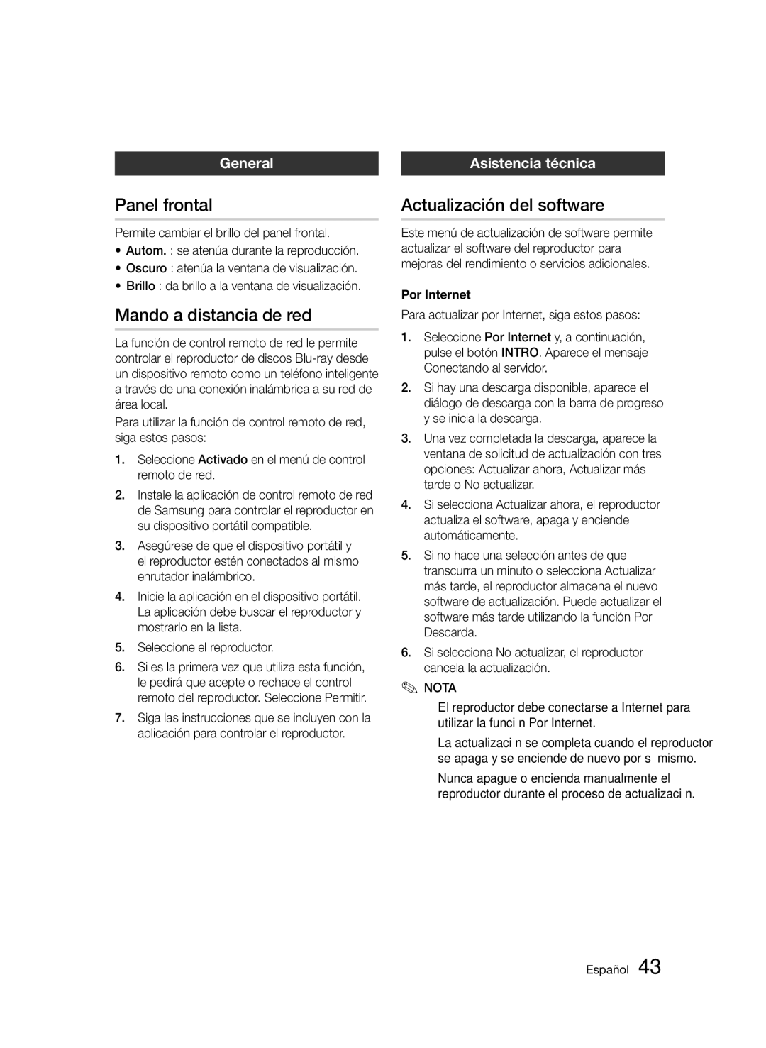 Samsung BD-D5500/EN manual Panel frontal, Mando a distancia de red, Actualización del software, General, Asistencia técnica 