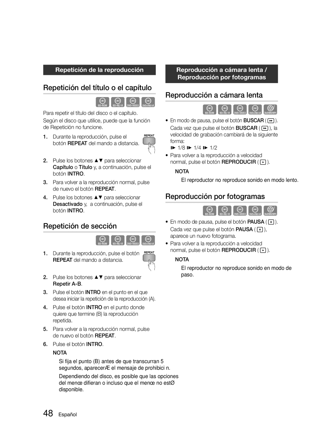 Samsung BD-D5500/ZN, BD-D5500/EN Repetición del título o el capítulo, Repetición de sección, Reproducción a cámara lenta 