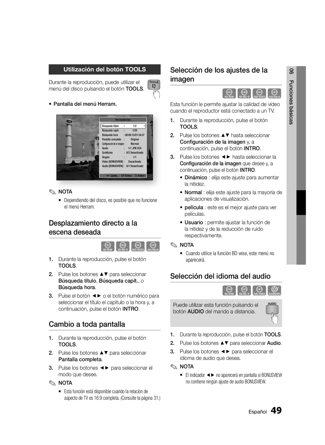 Samsung BD-D5500/EN Desplazamiento directo a la escena deseada, Cambio a toda pantalla, Selección del idioma del audio 