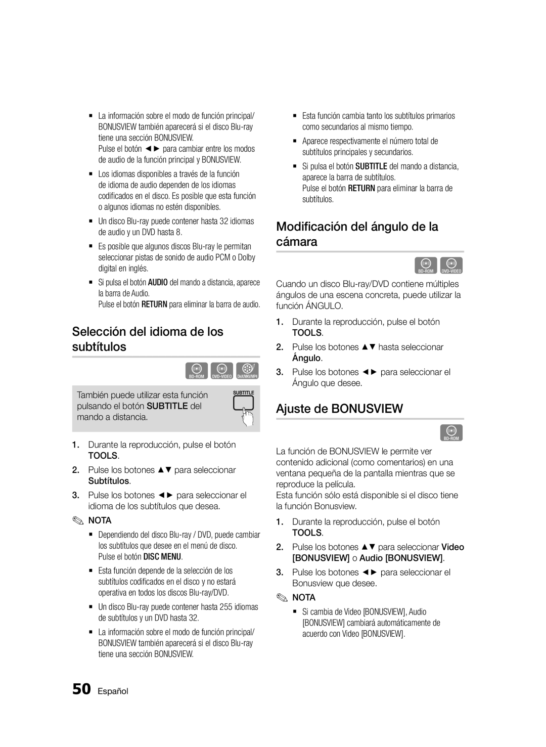 Samsung BD-D5500/ZF Selección del idioma de los subtítulos, Modificación del ángulo de la cámara, Ajuste de Bonusview 