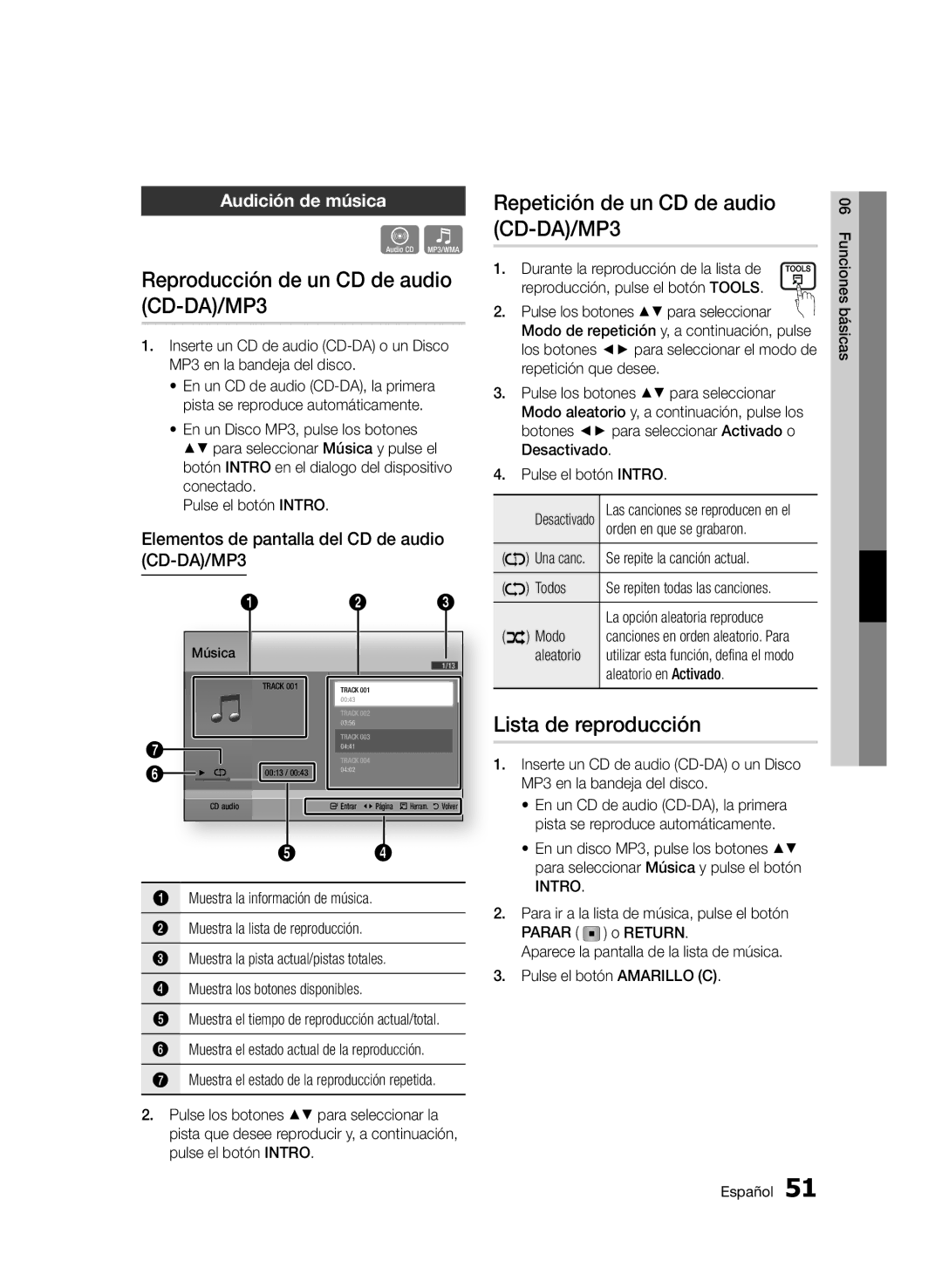 Samsung BD-D5500/ZN Reproducción de un CD de audio CD-DA/MP3, Repetición de un CD de audio CD-DA/MP3, Audición de música 