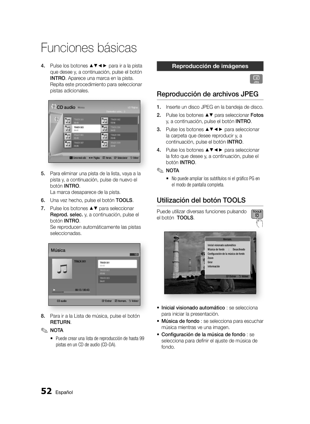 Samsung BD-D5500/EN Reproducción de archivos Jpeg, Utilización del botón Tools, Reproducción de imágenes, Return Nota 