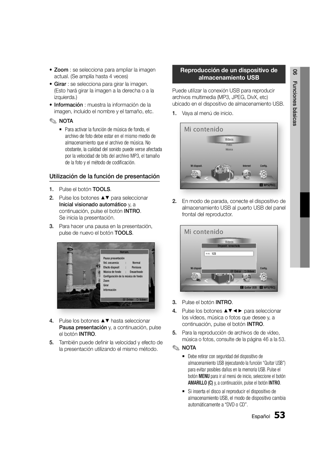 Samsung BD-D5500/ZF manual Utilización de la función de presentación, Reproducción de un dispositivo de Almacenamiento USB 