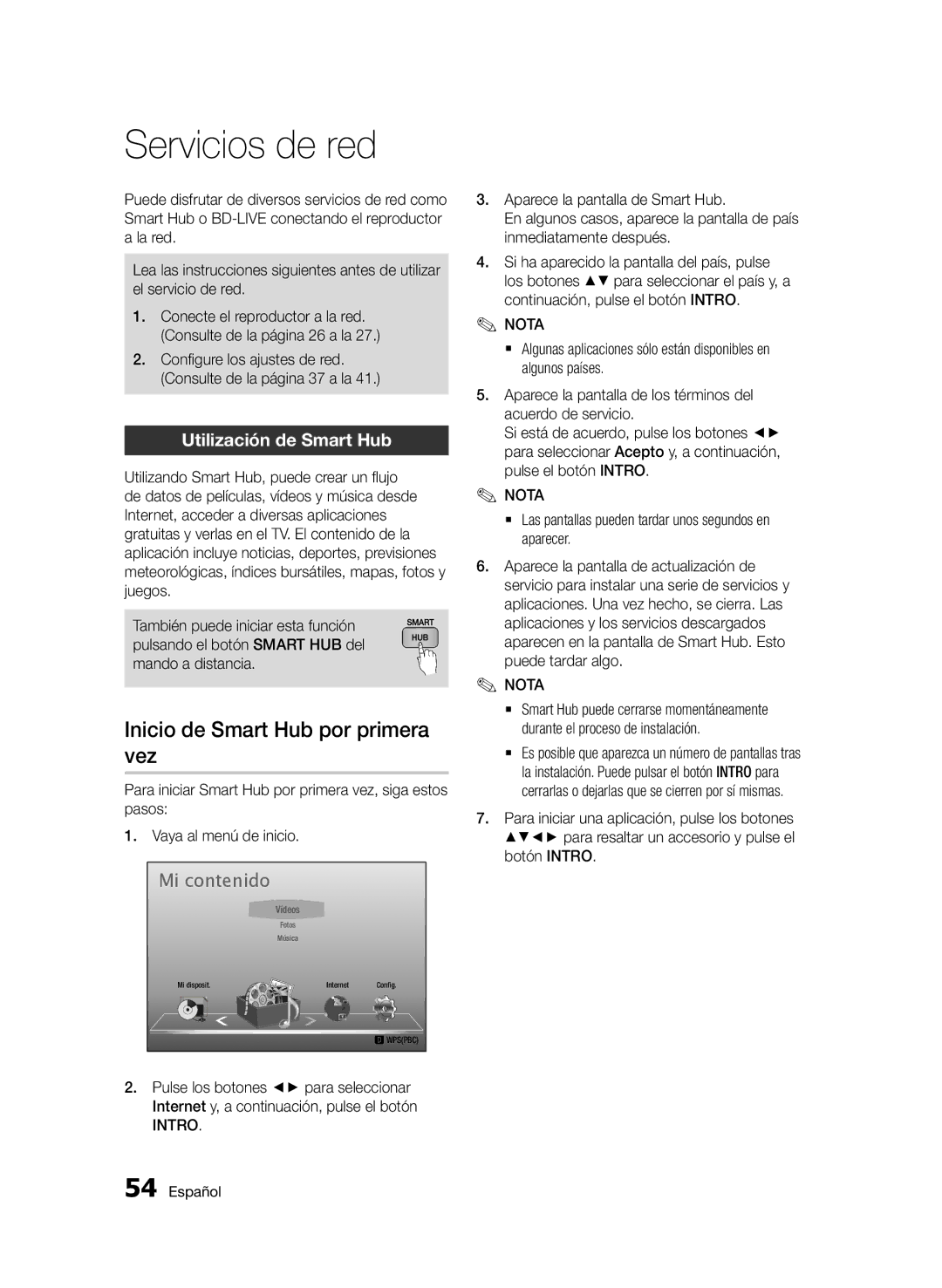 Samsung BD-D5500/ZN, BD-D5500/EN manual Servicios de red, Inicio de Smart Hub por primera vez, Utilización de Smart Hub 