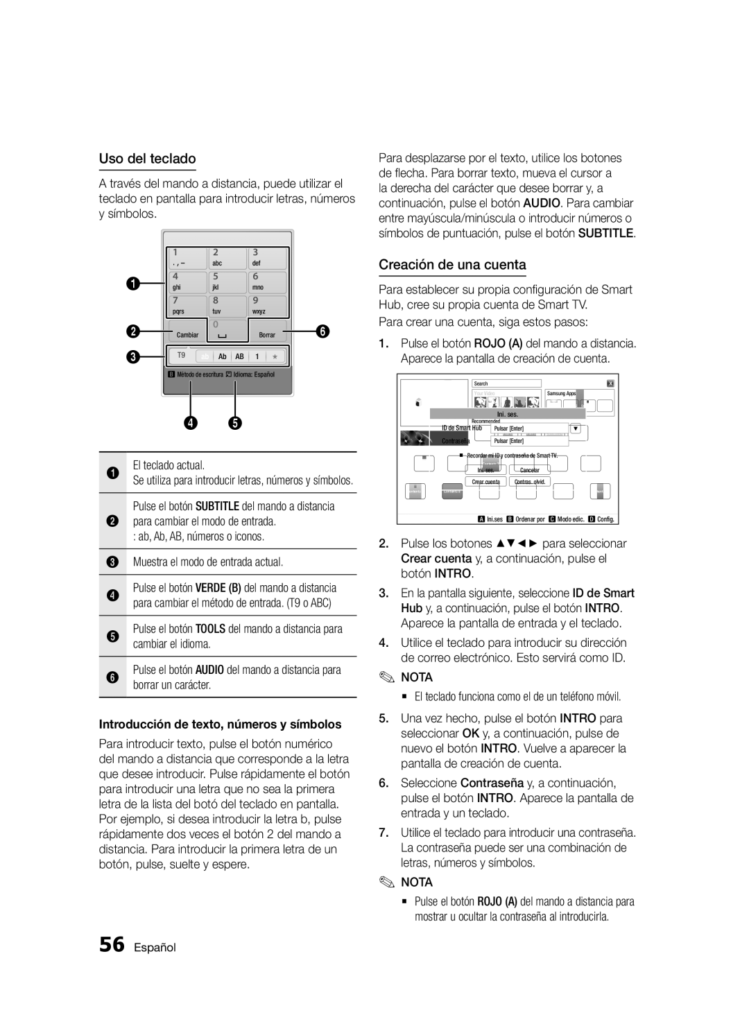 Samsung BD-D5500/ZF, BD-D5500/EN manual Uso del teclado, Creación de una cuenta, Introducción de texto, números y símbolos 