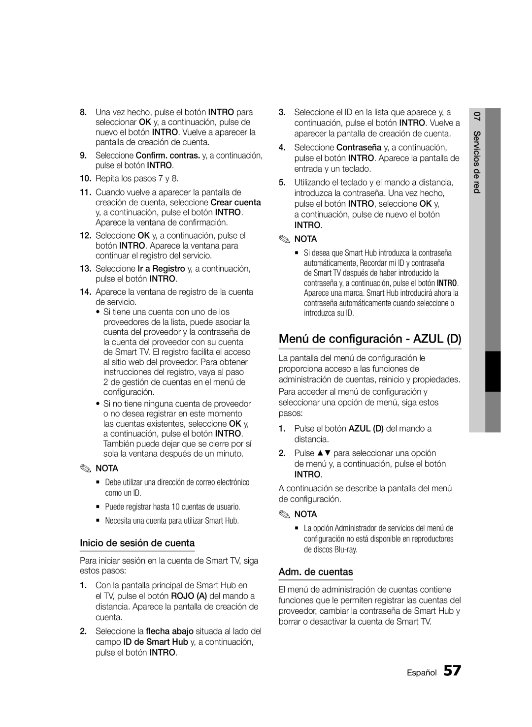 Samsung BD-D5500/ZN, BD-D5500/EN Menú de configuración Azul D, Inicio de sesión de cuenta, Adm. de cuentas, Intro Nota 