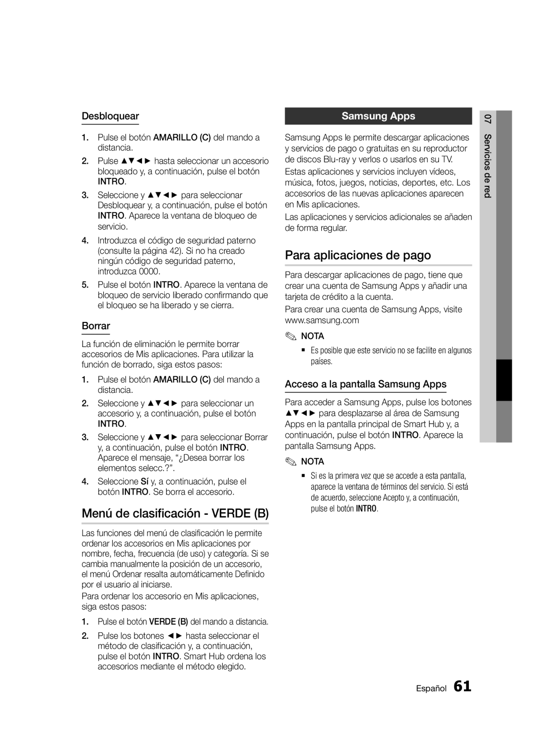 Samsung BD-D5500/EN, BD-D5500/ZF, BD-D5500/ZN Menú de clasificación Verde B, Para aplicaciones de pago, Desbloquear, Borrar 