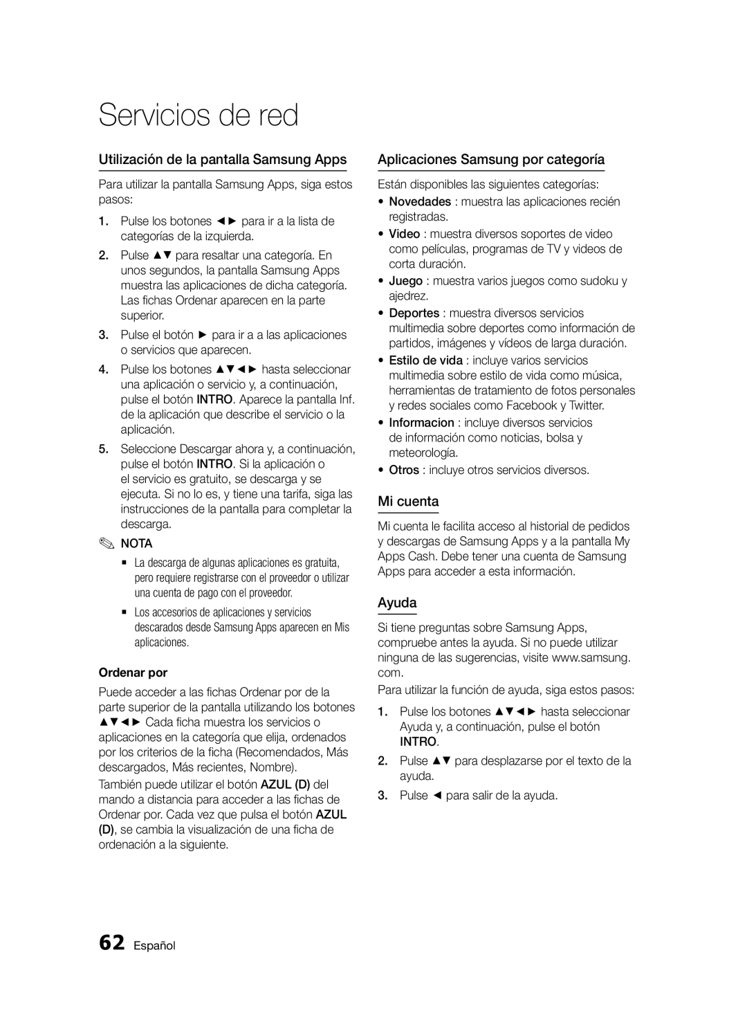 Samsung BD-D5500/ZF manual Utilización de la pantalla Samsung Apps, Aplicaciones Samsung por categoría, Mi cuenta, Ayuda 