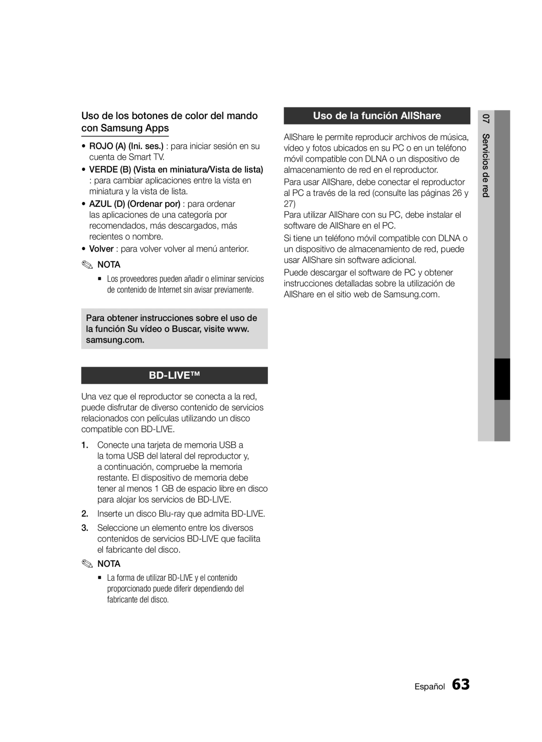 Samsung BD-D5500/ZN, BD-D5500/EN manual Uso de los botones de color del mando con Samsung Apps, Uso de la función AllShare 