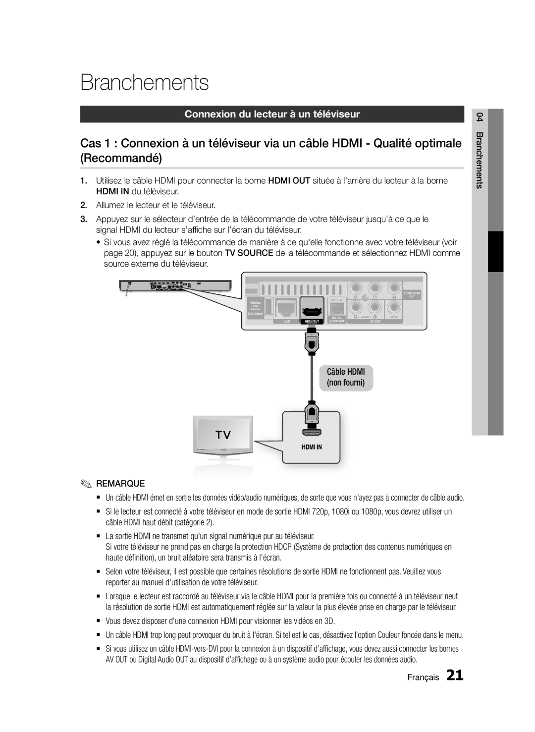 Samsung BD-D5500/EN, BD-D5500/ZF, BD-D5500/ZN manual Branchements, Connexion du lecteur à un téléviseur 