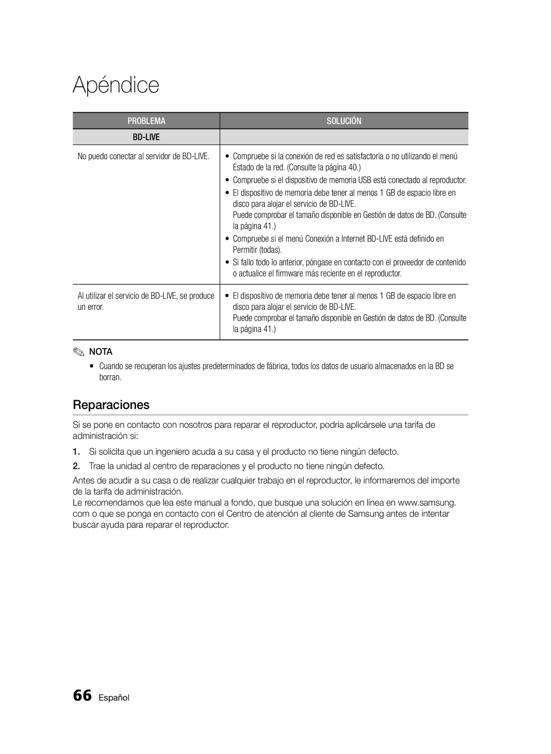 Samsung BD-D5500/ZN, BD-D5500/EN, BD-D5500/ZF manual Reparaciones 