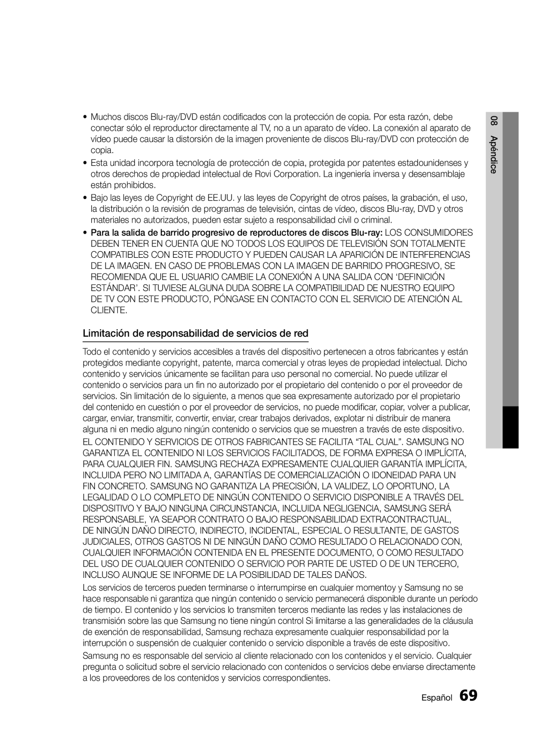 Samsung BD-D5500/ZN, BD-D5500/EN, BD-D5500/ZF manual Limitación de responsabilidad de servicios de red 