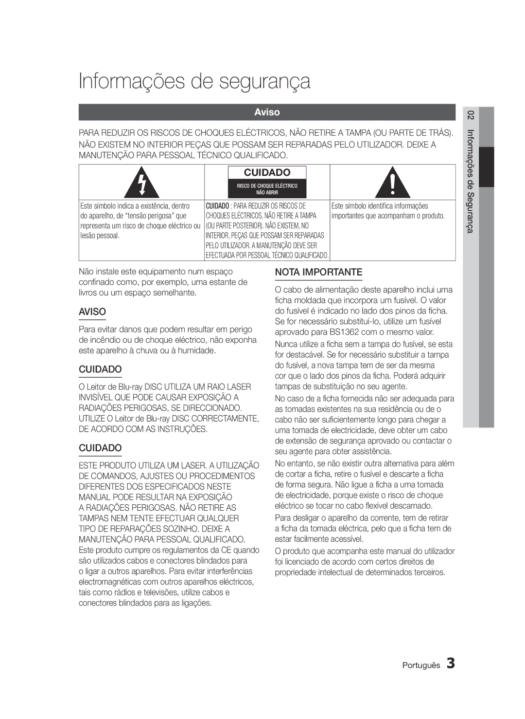 Samsung BD-D5500/EN, BD-D5500/ZF, BD-D5500/ZN manual Informações de segurança, Aviso 