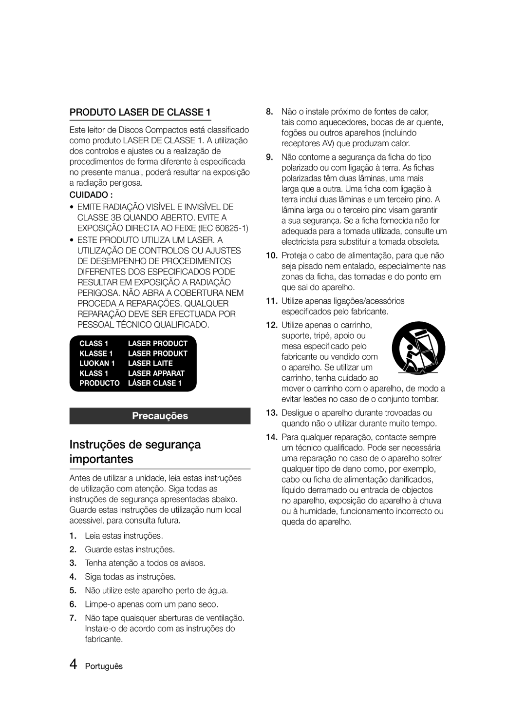 Samsung BD-D5500/ZF, BD-D5500/EN, BD-D5500/ZN manual Instruções de segurança importantes, Precauções, Cuidado 