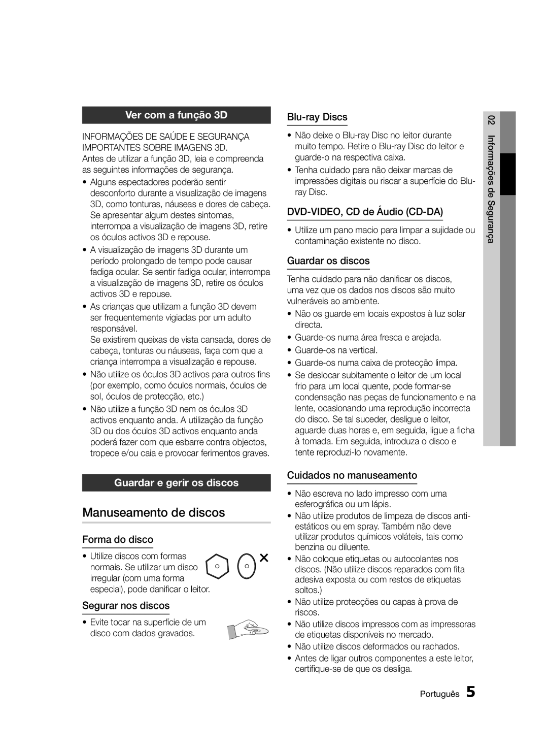 Samsung BD-D5500/ZN, BD-D5500/EN, BD-D5500/ZF manual Manuseamento de discos, Ver com a função 3D, Guardar e gerir os discos 