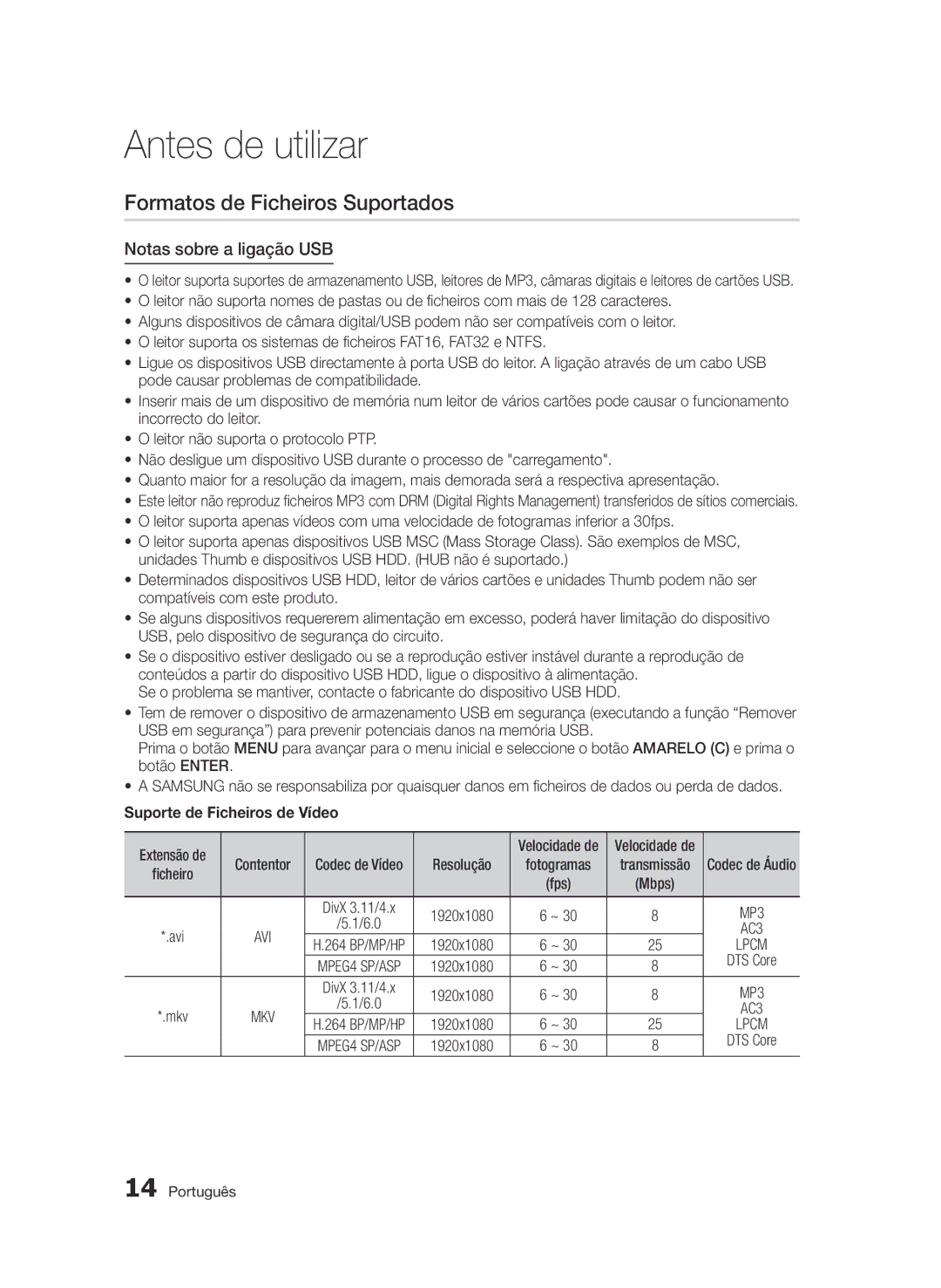 Samsung BD-D5500/ZN manual Formatos de Ficheiros Suportados, Notas sobre a ligação USB, Suporte de Ficheiros de Vídeo 