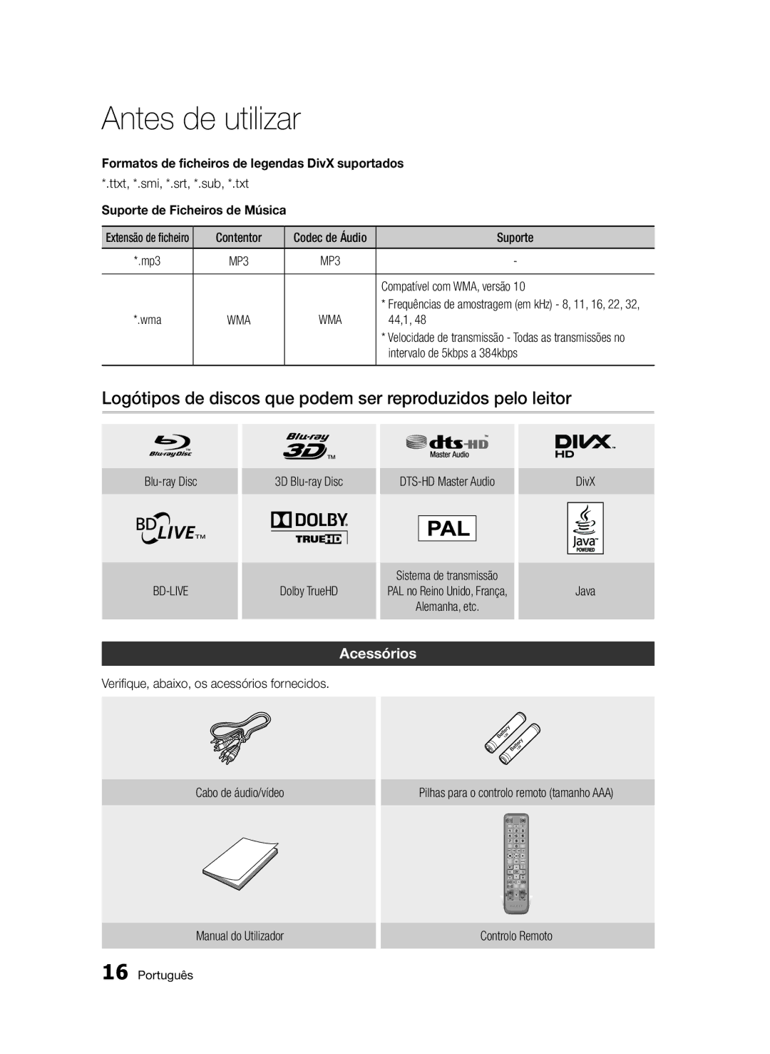 Samsung BD-D5500/ZF Logótipos de discos que podem ser reproduzidos pelo leitor, Acessórios, Suporte de Ficheiros de Música 