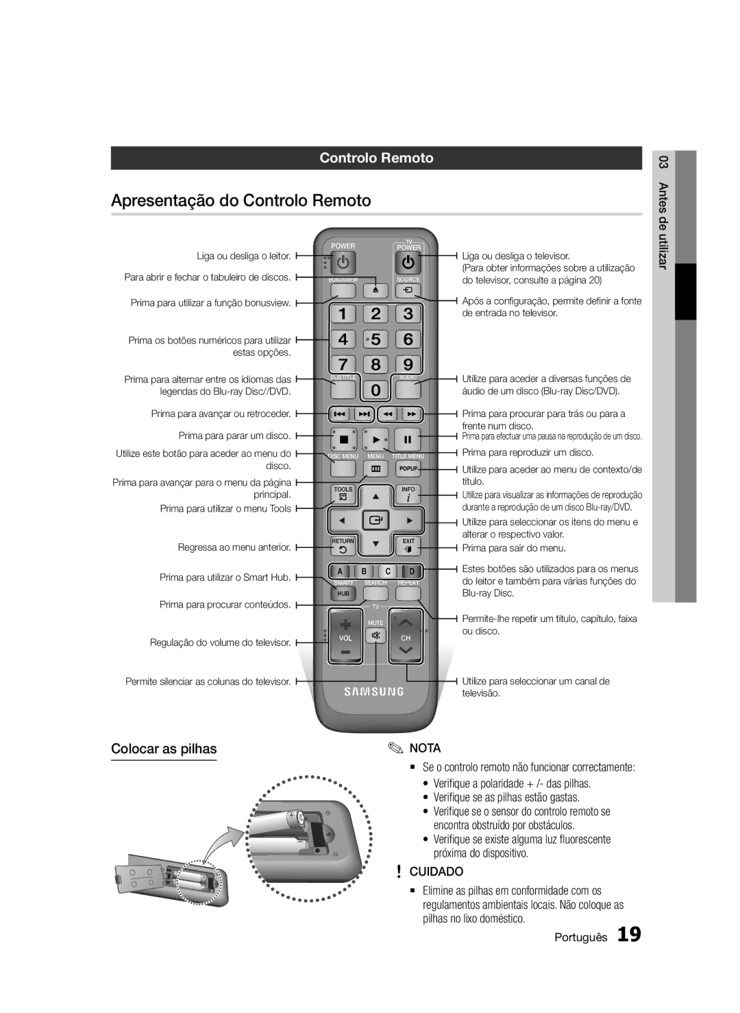 Samsung BD-D5500/ZF, BD-D5500/EN, BD-D5500/ZN manual Apresentação do Controlo Remoto, Colocar as pilhas 