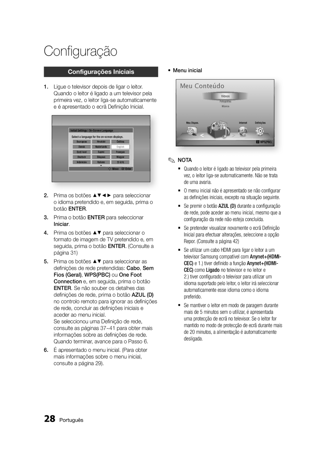 Samsung BD-D5500/ZF, BD-D5500/EN, BD-D5500/ZN manual Configuração, Configurações Iniciais 