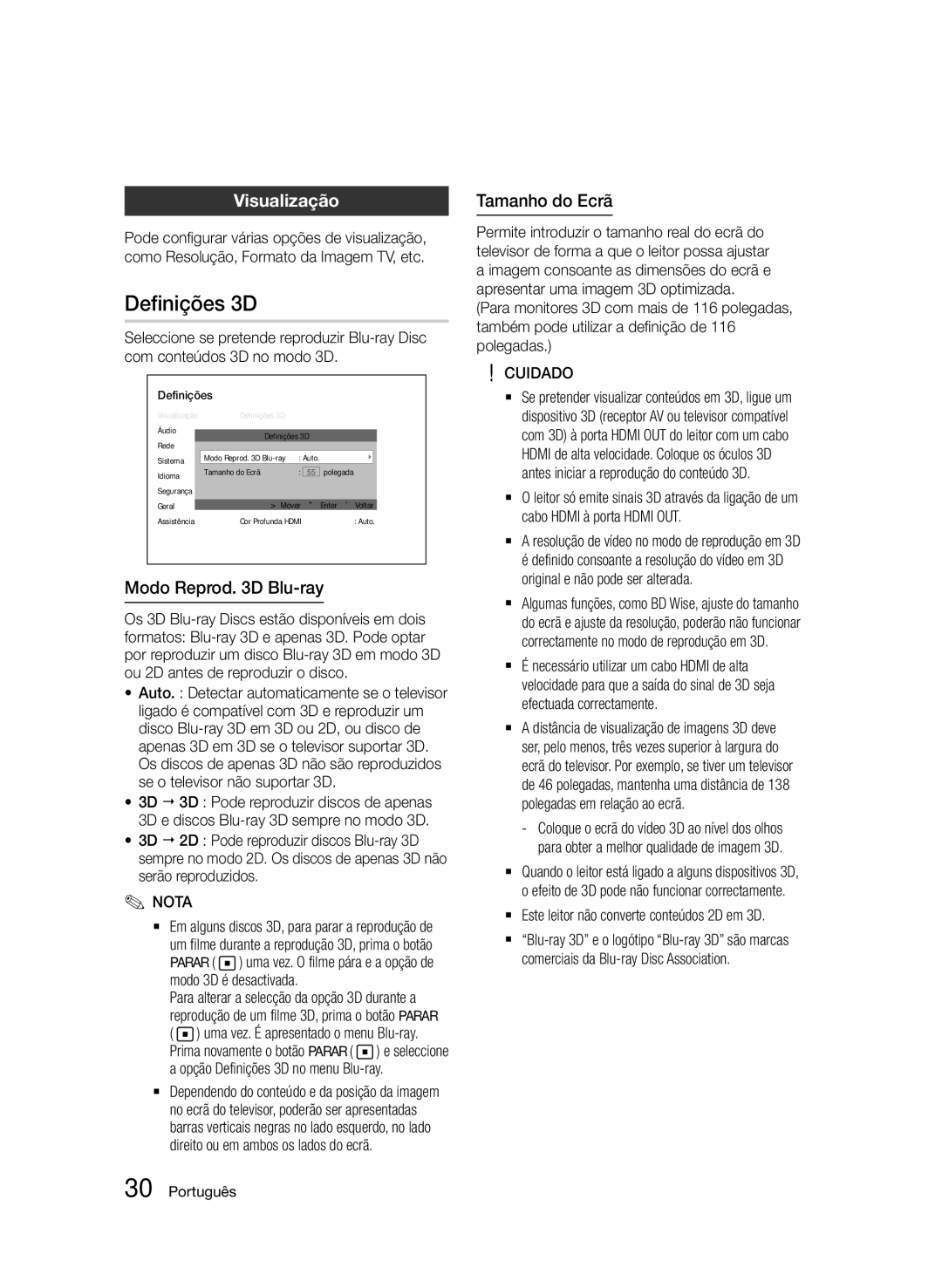 Samsung BD-D5500/EN, BD-D5500/ZF, BD-D5500/ZN manual Definições 3D, Visualização, Modo Reprod D Blu-ray, Tamanho do Ecrã 