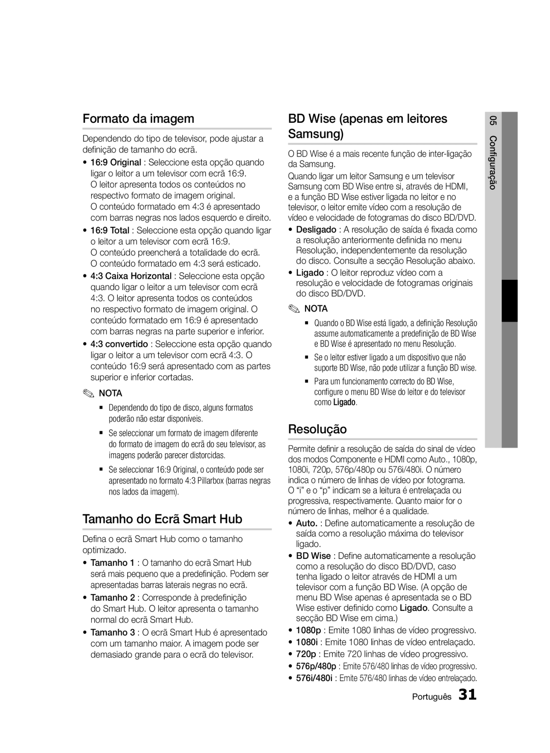 Samsung BD-D5500/ZF manual Formato da imagem, Tamanho do Ecrã Smart Hub, BD Wise apenas em leitores Samsung, Resolução 