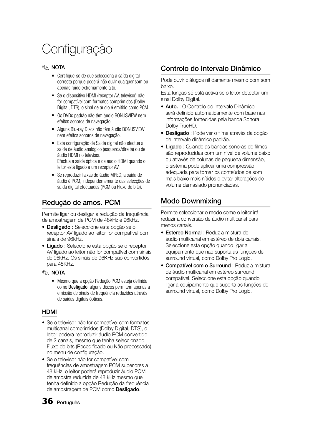 Samsung BD-D5500/EN, BD-D5500/ZF, BD-D5500/ZN manual Redução de amos. PCM, Controlo do Intervalo Dinâmico 