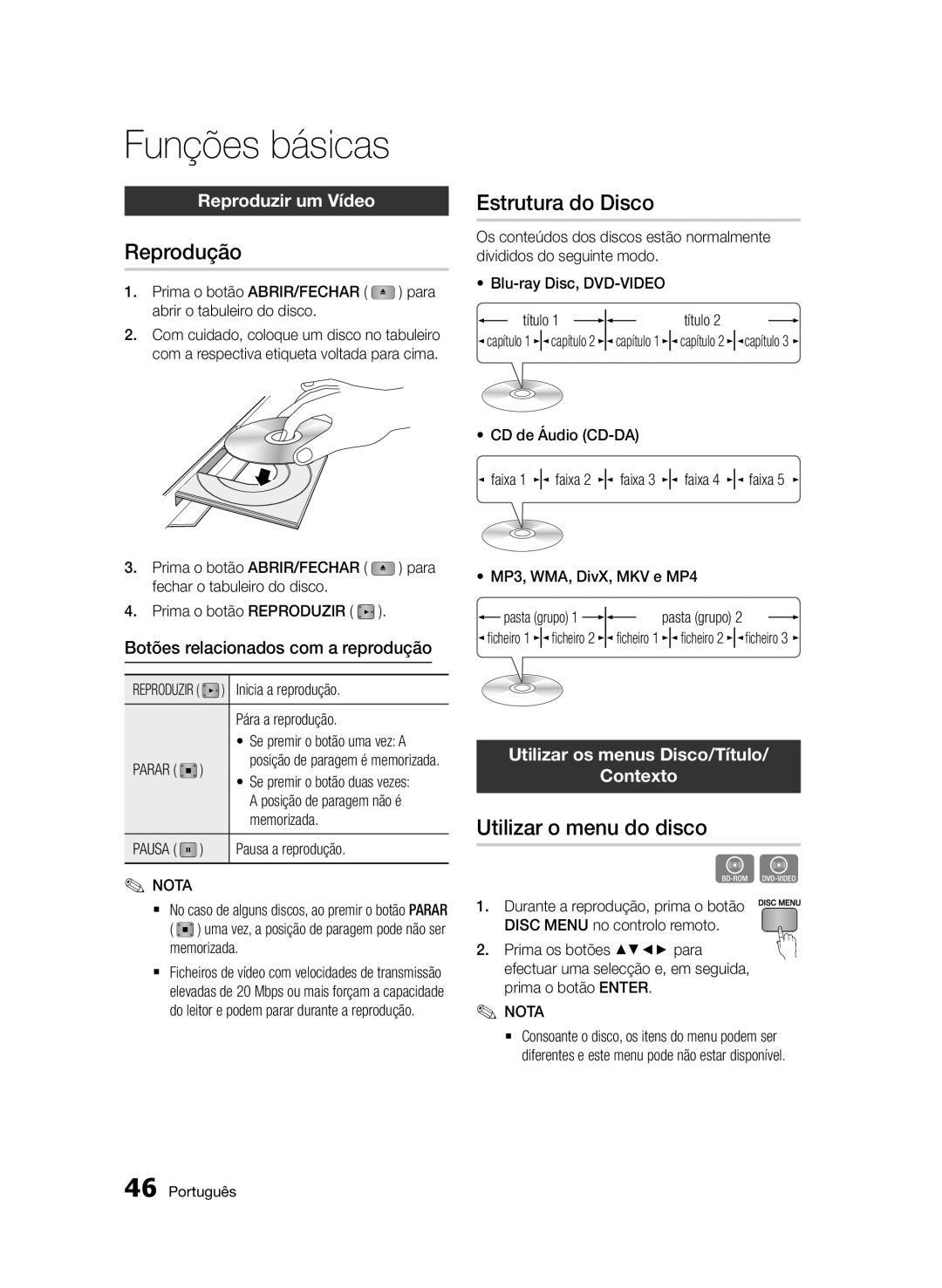 Samsung BD-D5500/ZF, BD-D5500/EN, BD-D5500/ZN Funções básicas, Reprodução, Estrutura do Disco, Utilizar o menu do disco 